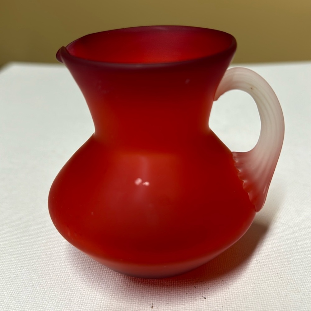 Pilgrim Frosted Glass Amberina Red Orange Hand Blown Glass 3.5” Pitcher glows